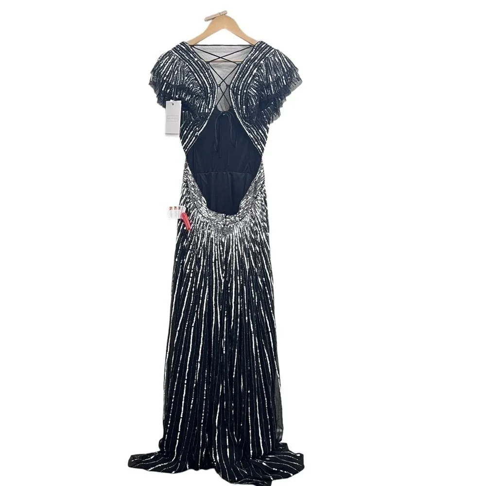 NEW $698 MAC DUGGAL 5568  BLACK SILVER SEQUINED CUTOUT V-NECK LACE UP GOWN Sz 12